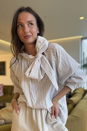 Nantucket Stripe Tie Neck Blouse Stone